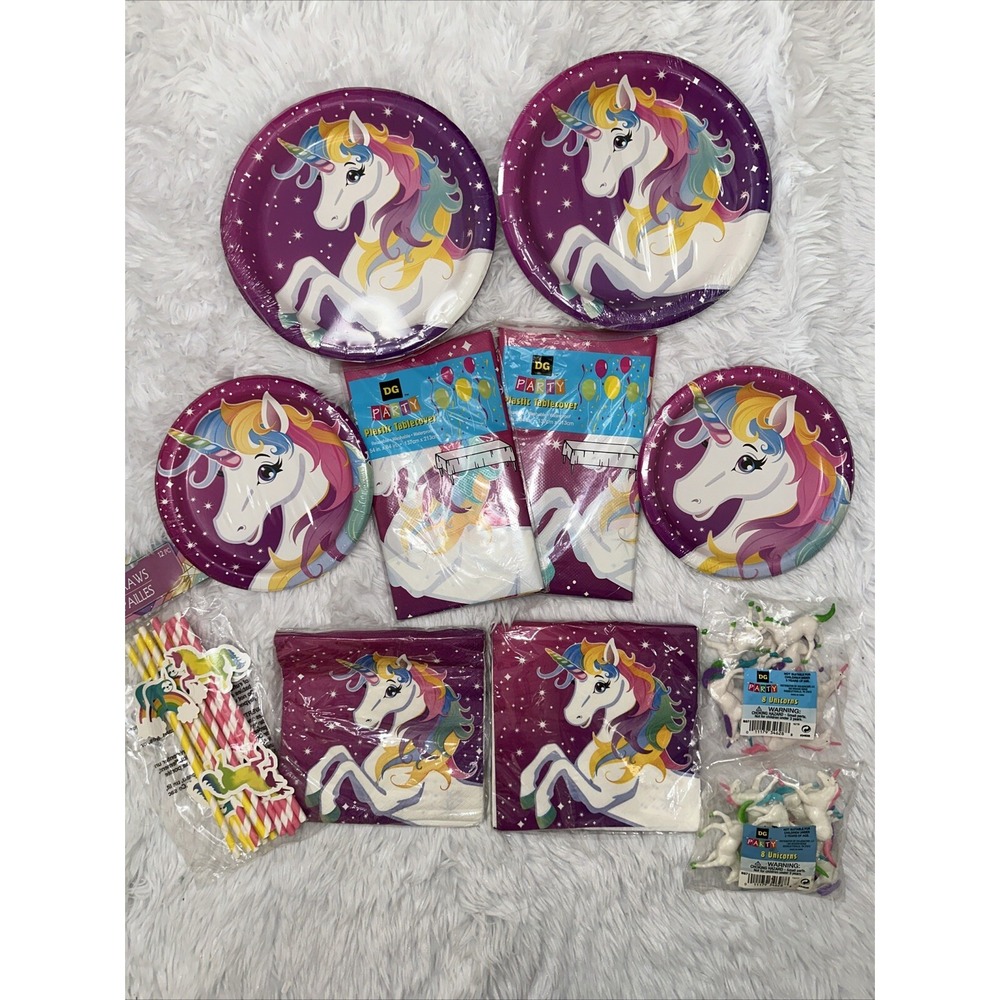 NEW DG Party Unicorn Pink Dessert Plates Tablecovers Table Cloths Napkins Favor